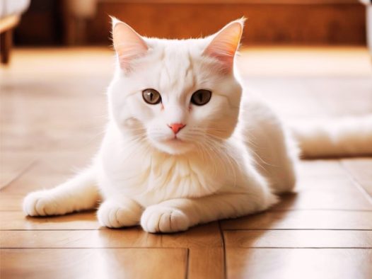 趴在木地板上的白色猫咪图片