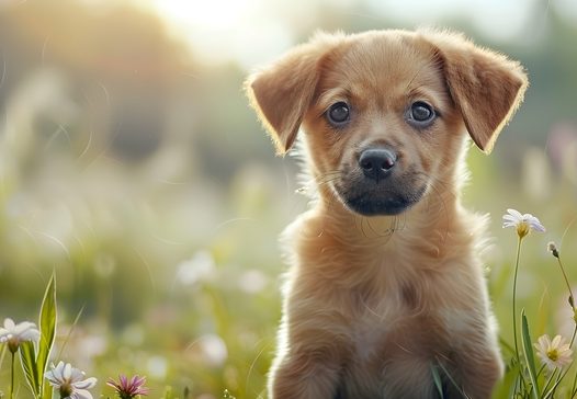 户外花草丛可爱金毛犬图片