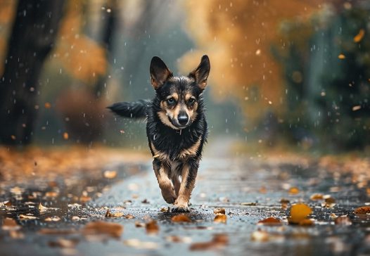 秋天雨中奔跑的小狗图片