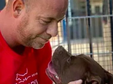 狗狗在收容所1年没有人抱养，为造成关心，小伙搬入铁笼和它同吃睡